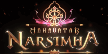 Artistic depiction of Mahavatar Narsimha, the fierce lion-headed avatar of Vishnu, radiating divine energy and protecting a devotee from demonic forces in a cosmic setting.