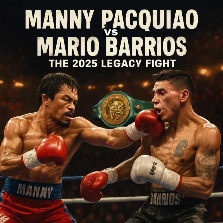 Manny Pacquiao landing a powerful punch on Mario Barrios during their 2025 comeback fight, with the WBC Welterweight Title belt showcased and an electrified crowd in the background.
