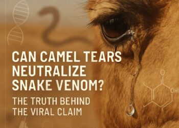 Close-up of camel eye with teardrop, symbolizing research on camel tears neutralizing snake venom — science concept image for blog article