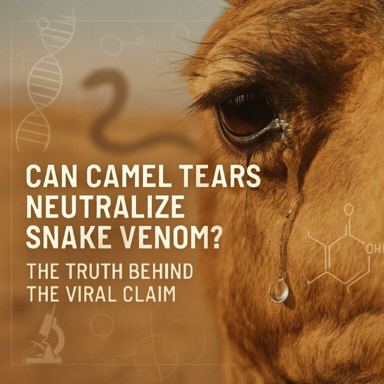 Close-up of camel eye with teardrop, symbolizing research on camel tears neutralizing snake venom — science concept image for blog article