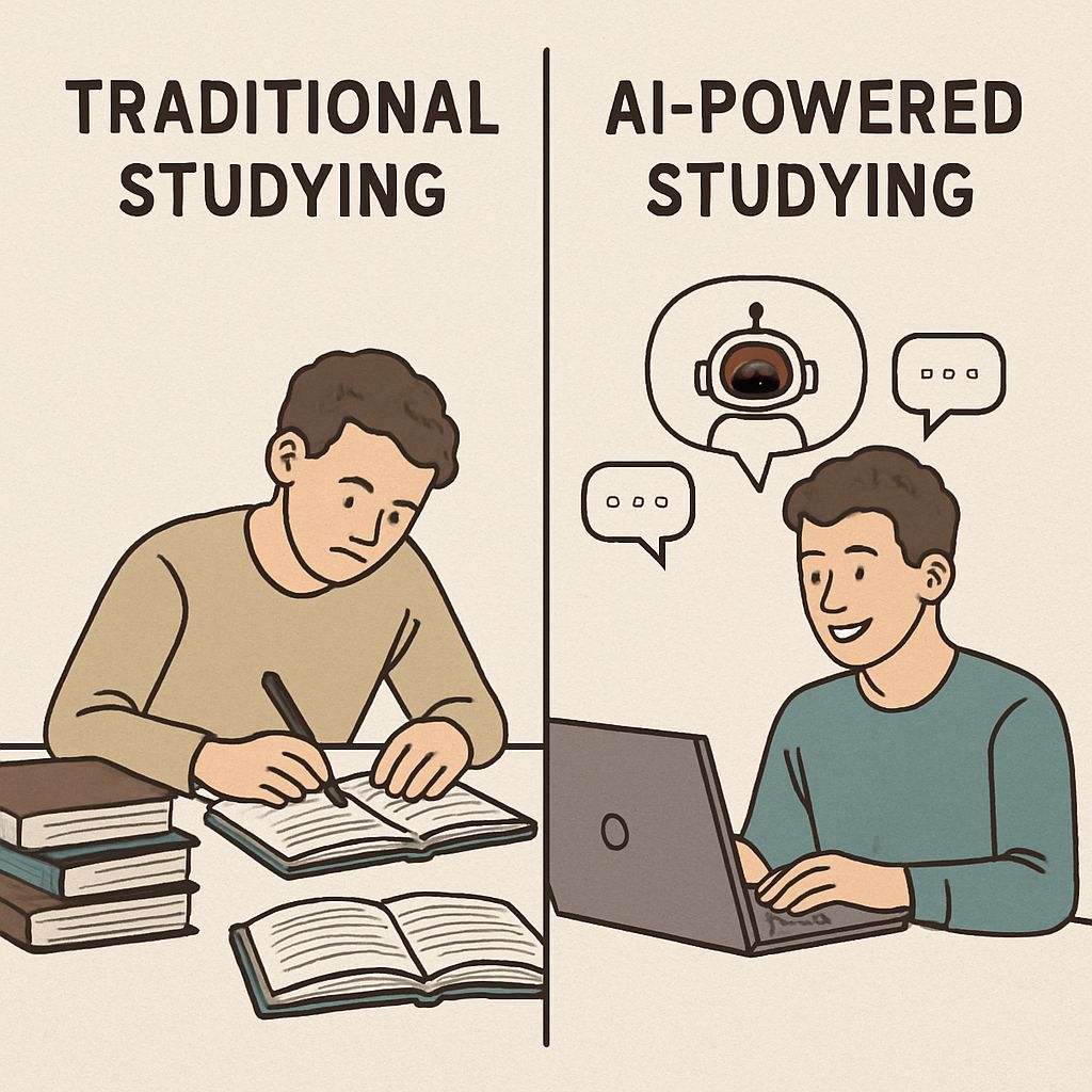 Side-by-side comparison of traditional studying and AI-powered studying showing the evolution of learning with AI in Education 2025