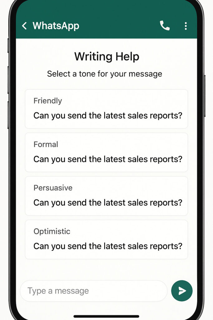 WhatsApp Writing Help feature refining a user’s draft message