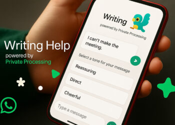 WhatsApp Writing Help feature showing AI-powered tone suggestions inside a chat screen