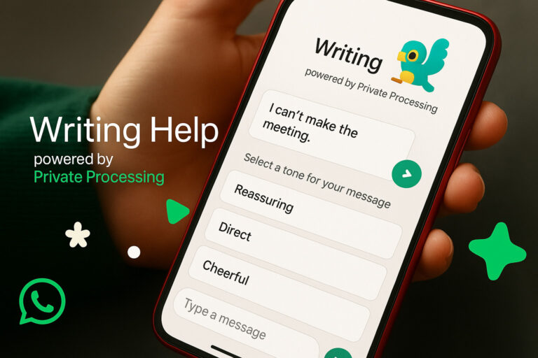 WhatsApp Writing Help feature showing AI-powered tone suggestions inside a chat screen
