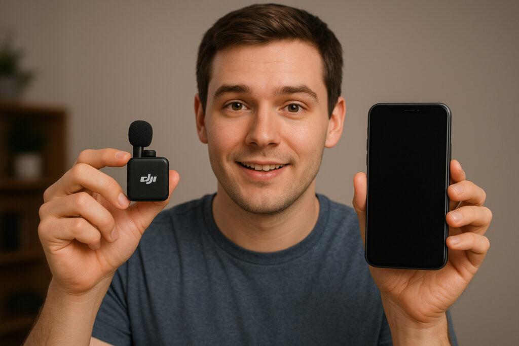 DJI Mic 3 compact wireless microphone set in the creator’s hand