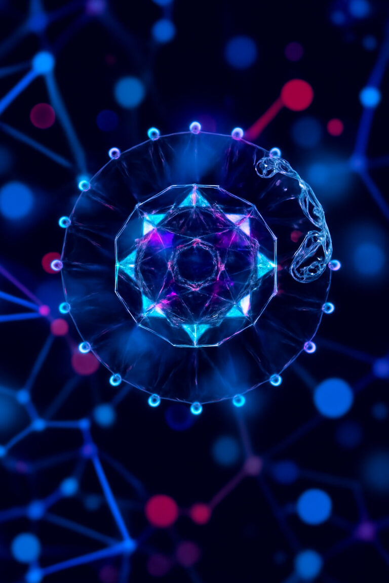 AI-driven biomedical engineering education, with students working with holographic displays and futuristic medical technology in a high-tech lab.