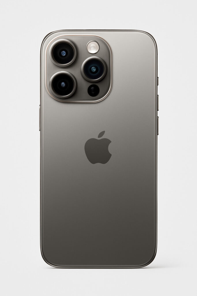 iPhone 15 Pro Max with a titanium frame and periscope lens, showcasing sleek design and advanced camera features.