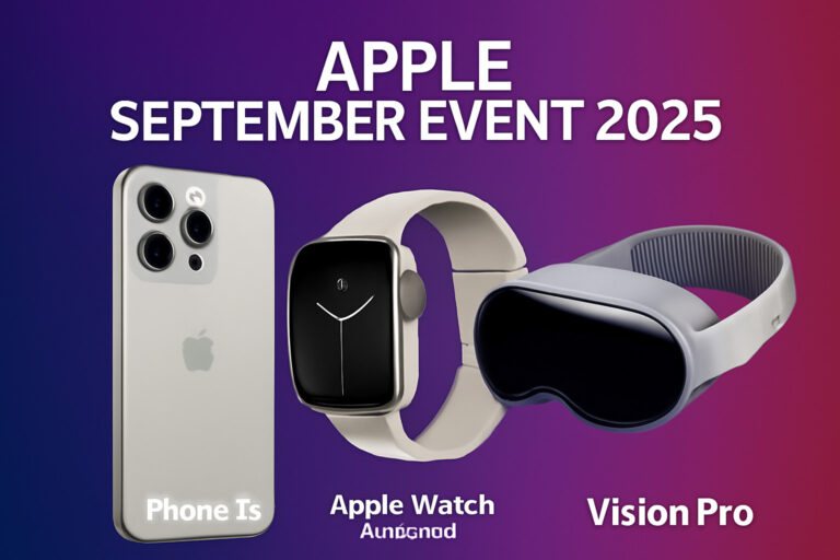 Apple September Event 2025 teaser with iPhone 15, Apple Watch Series 9, and Vision Pro, showcasing upcoming tech innovations.