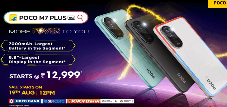 Poco M7 Plus 5G vs Poco M7 Pro 5G comparison showing design, display, and specifications