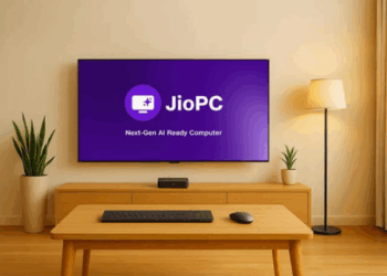 JioPC AI Computer connected to a TV, turning it into a smart AI-powered computer at Reliance AGM 2025