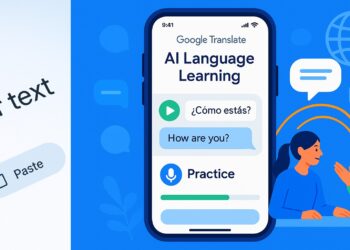 Featured image of Google Translate AI Language Learning interface showing AI-powered practice screen with listening and speaking exercises and real-time conversation features