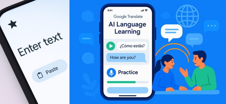 Featured image of Google Translate AI Language Learning interface showing AI-powered practice screen with listening and speaking exercises and real-time conversation features