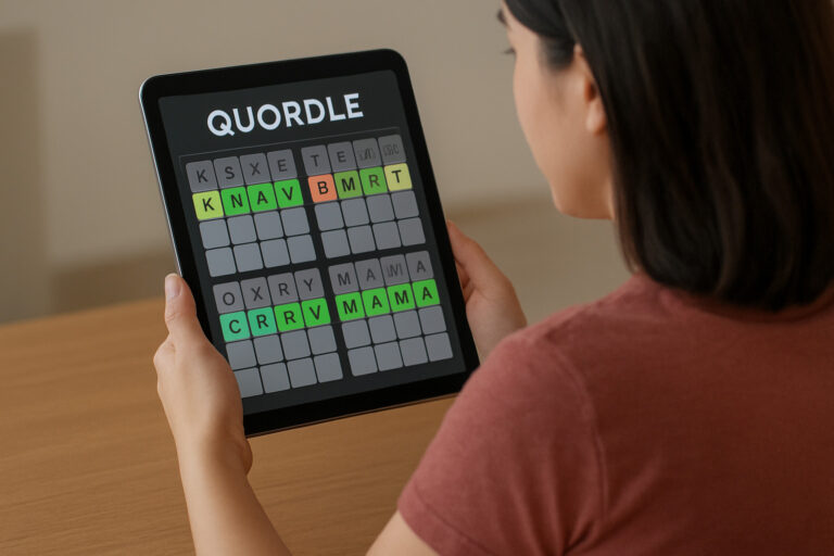 A person holding a tablet while solving a Quordle word puzzle, showing four grids with words partially filled in