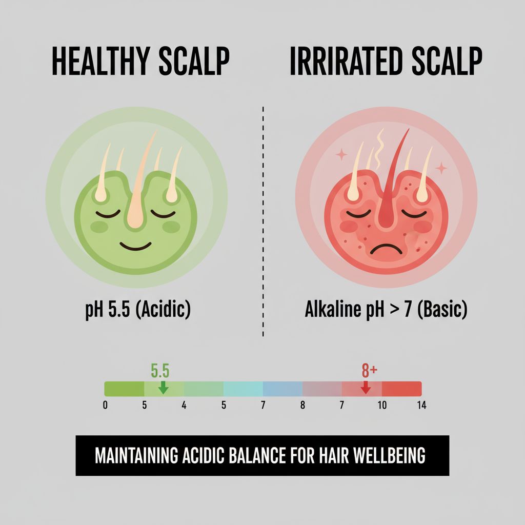 Simple infographic comparing a healthy scalp at pH 5.5 with balanced skin barrier versus an irritated scalp at alkaline pH showing dryness, flakes, and redness – Sebamed Anti-Dandruff Shampoo focus keyword.