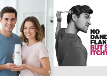 Happy young man and woman with clean, healthy scalps confidently holding a bottle of Sebamed Anti-Dandruff Shampoo.