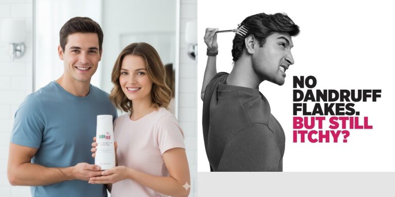 Happy young man and woman with clean, healthy scalps confidently holding a bottle of Sebamed Anti-Dandruff Shampoo.