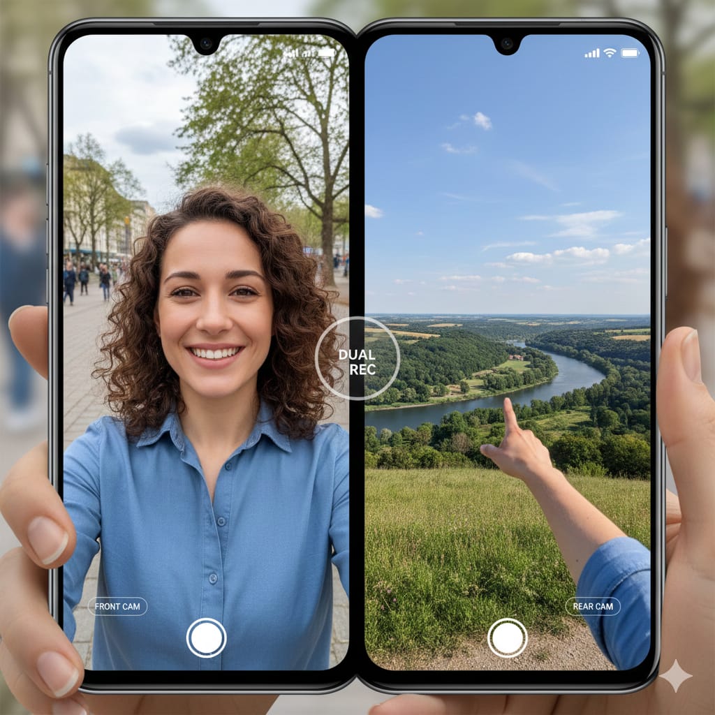 Split screen showing video from both front and rear cameras using Samsung Galaxy S25's Dual Rec mode.