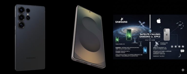 Samsung vs Apple satellite calling comparison showing Galaxy S26 and iPhone with satellite signals