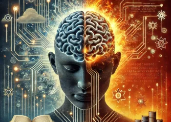 Digital artwork symbolizing the curse of ChatGPT, showing a human brain connected to AI circuits, half glowing with ideas and half dissolving into code, contrasting creativity and technology.