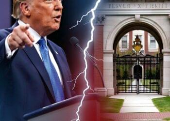 Donald Trump facing off with Harvard campus, symbolizing Trump Harvard higher education conflict