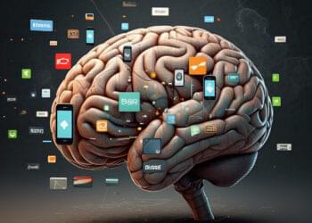 Brain illustration showing smartphone apps overwhelming the mind, symbolizing brain rot and screen overload from excessive digital consumption.