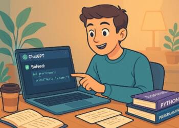 Beginner student using ChatGPT on laptop for coding help in a cozy workspace with books, code, and warm lighting