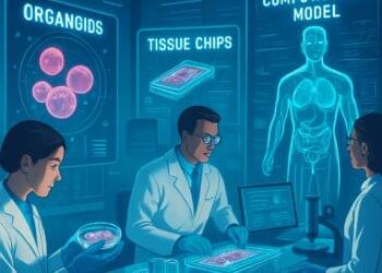 Scientists using organoids, tissue chips, and computational models in a high-tech lab to represent the NIH's human-based research initiative reducing animal testing in biomedical research