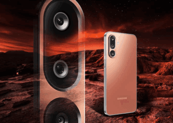 Samsung Galaxy M36 5G smartphone in Orange Haze color showcasing its sleek design, triple rear cameras, and 6.7-inch AMOLED display.