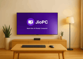 JioPC AI Computer connected to a TV, turning it into a smart AI-powered computer at Reliance AGM 2025